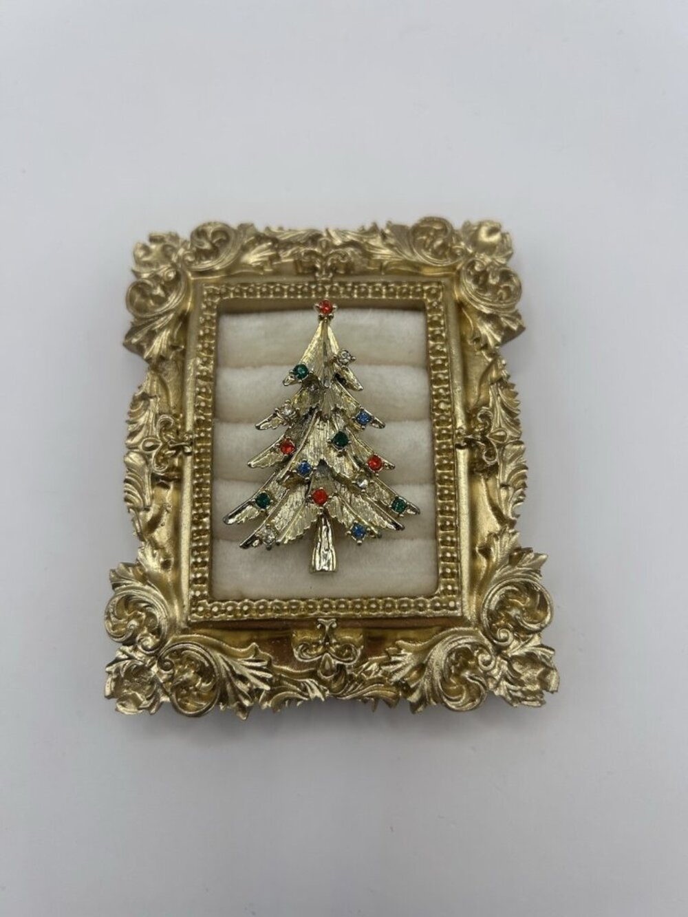 VTG Christmas Tree Pin Brooch Mid-Century Mod Rhinestones Gold Tone Estate Gift